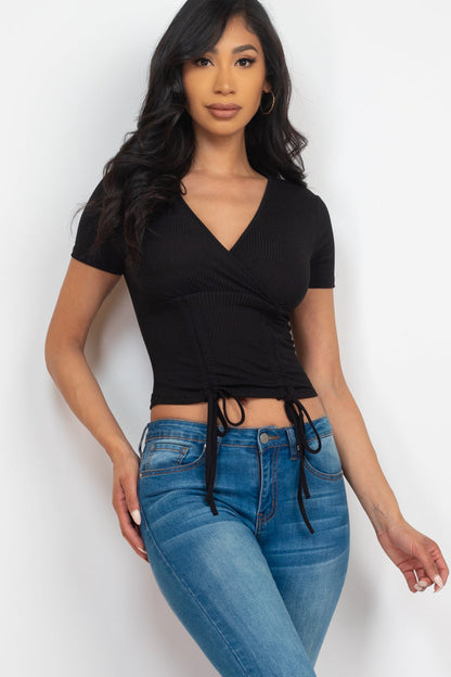 Ribbed Ruched Drawstring Surplice Top (CAPELLA) - Capella Apparel