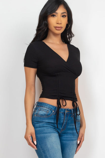 Ribbed Ruched Drawstring Surplice Top (CAPELLA) - Capella Apparel