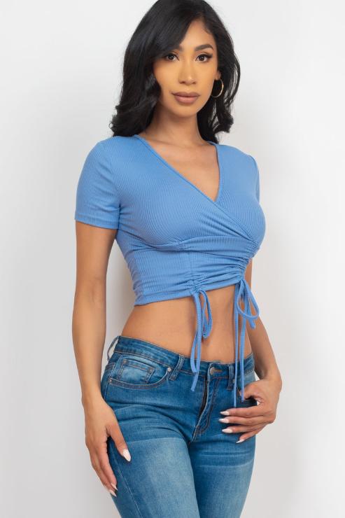 Ribbed Ruched Drawstring Surplice Top - Capella Apparel