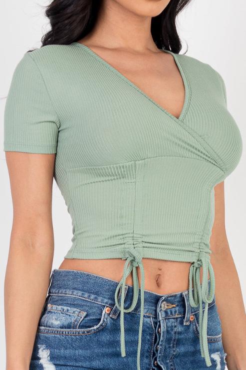 Ribbed Ruched Drawstring Surplice Top - Capella Apparel