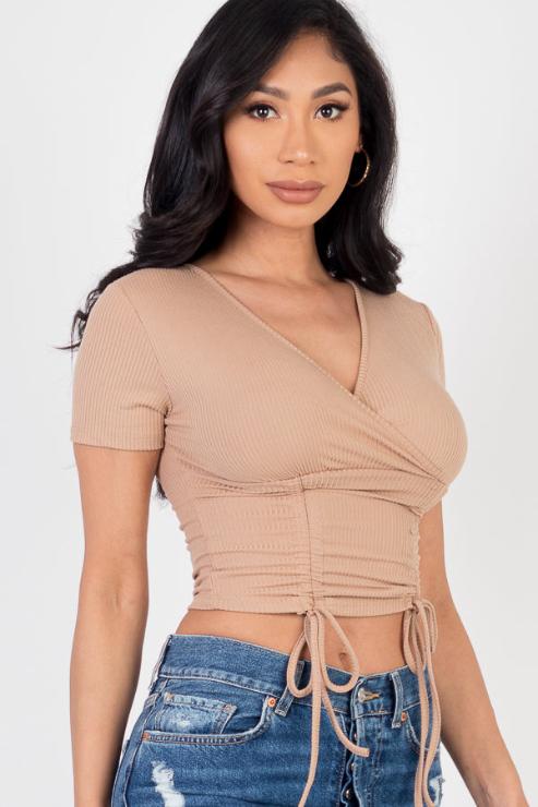 Ribbed Ruched Drawstring Surplice Top - Capella Apparel