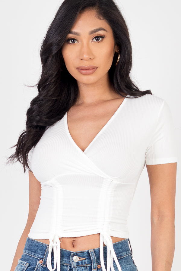 Ribbed Ruched Drawstring Surplice Top (CAPELLA) - Capella Apparel