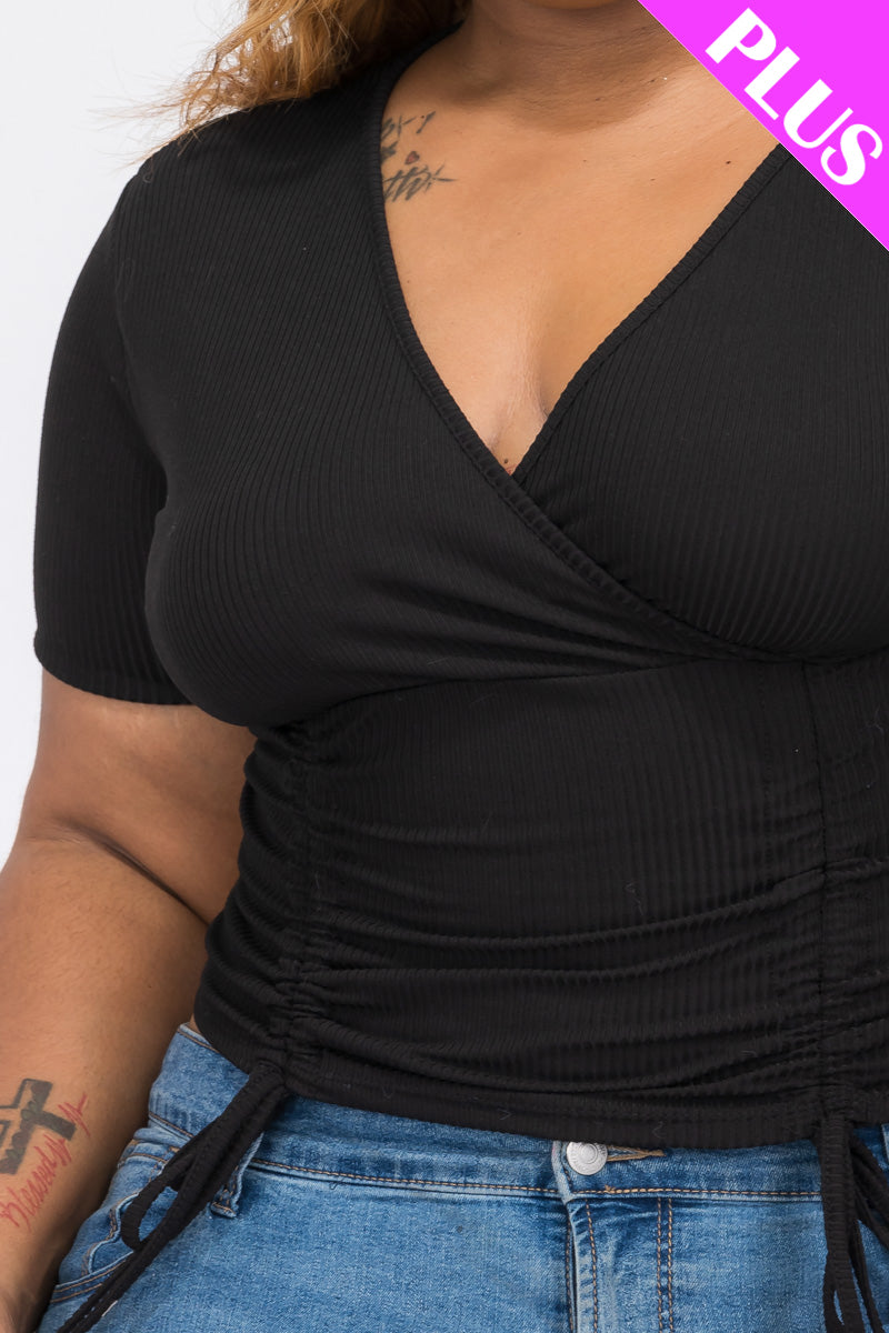 Plus Size Ribbed Ruched Drawstring Surplice Top - Capella Apparel