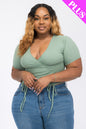 Plus Size Ribbed Ruched Drawstring Surplice Top - Capella Apparel