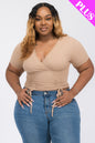 Plus Size Ribbed Ruched Drawstring Surplice Top - Capella Apparel