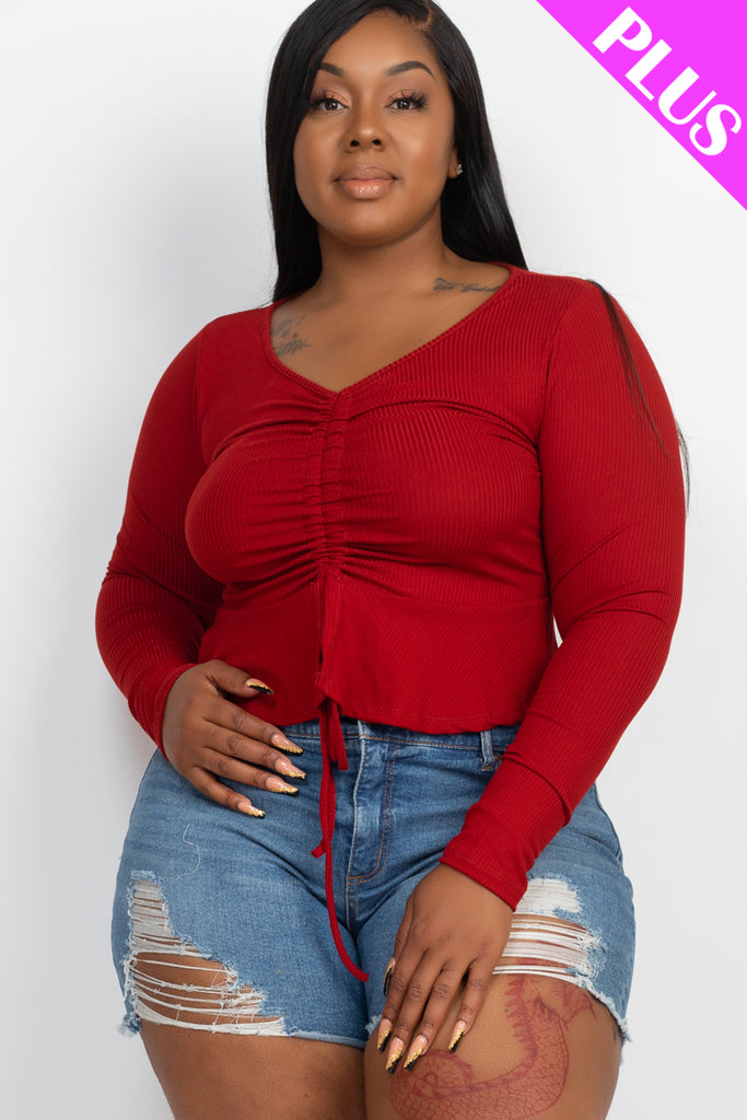 Plus Size Ribbed Drawstring Front Long Sleeve Peplum Top - Capella Apparel