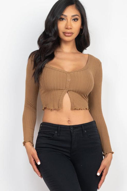 Ribbed Button Front Split Long Sleeve Top (CAPELLA) - Capella Apparel