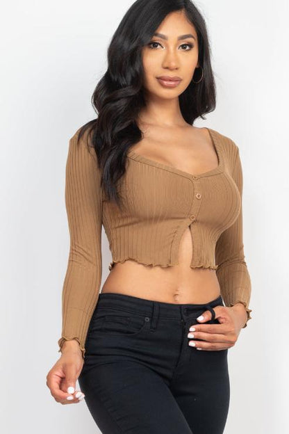 Ribbed Button Front Split Long Sleeve Top (CAPELLA) - Capella Apparel