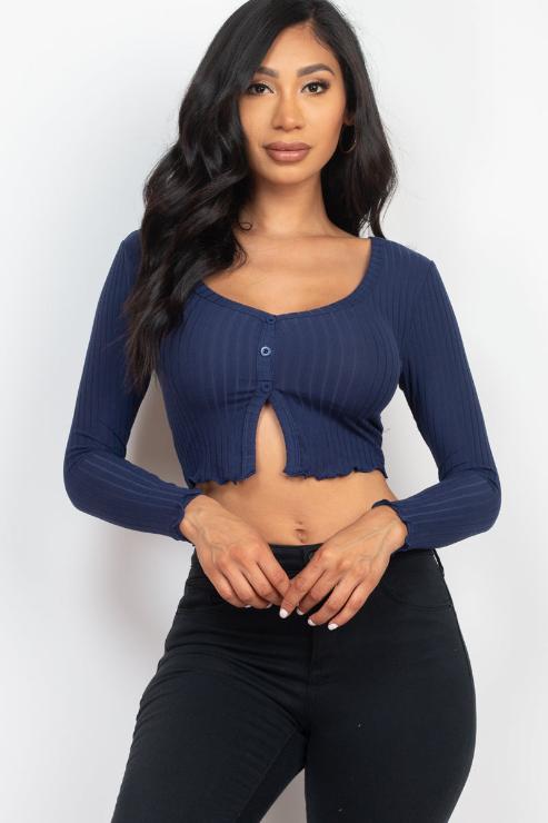 Ribbed Button Front Split Long Sleeve Top (CAPELLA) - Capella Apparel