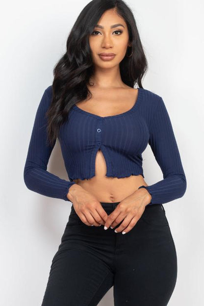 Ribbed Button Front Split Long Sleeve Top (CAPELLA) - Capella Apparel