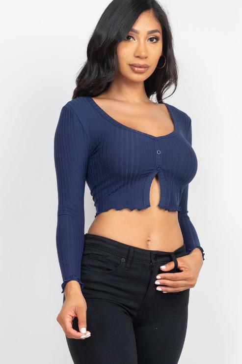 Ribbed Button Front Split Long Sleeve Top (CAPELLA) - Capella Apparel