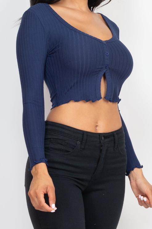 Ribbed Button Front Split Long Sleeve Top (CAPELLA) - Capella Apparel