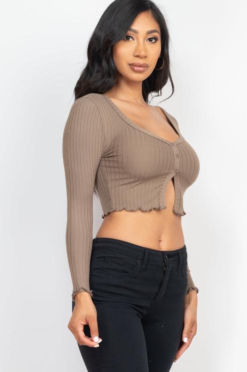 Ribbed Button Front Split Long Sleeve Top (CAPELLA) - Capella Apparel