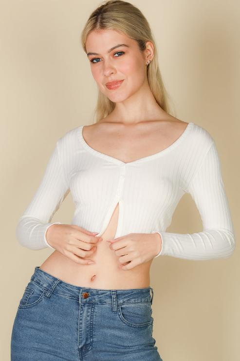 Ribbed Button Front Split Long Sleeve Top (CAPELLA) - Capella Apparel