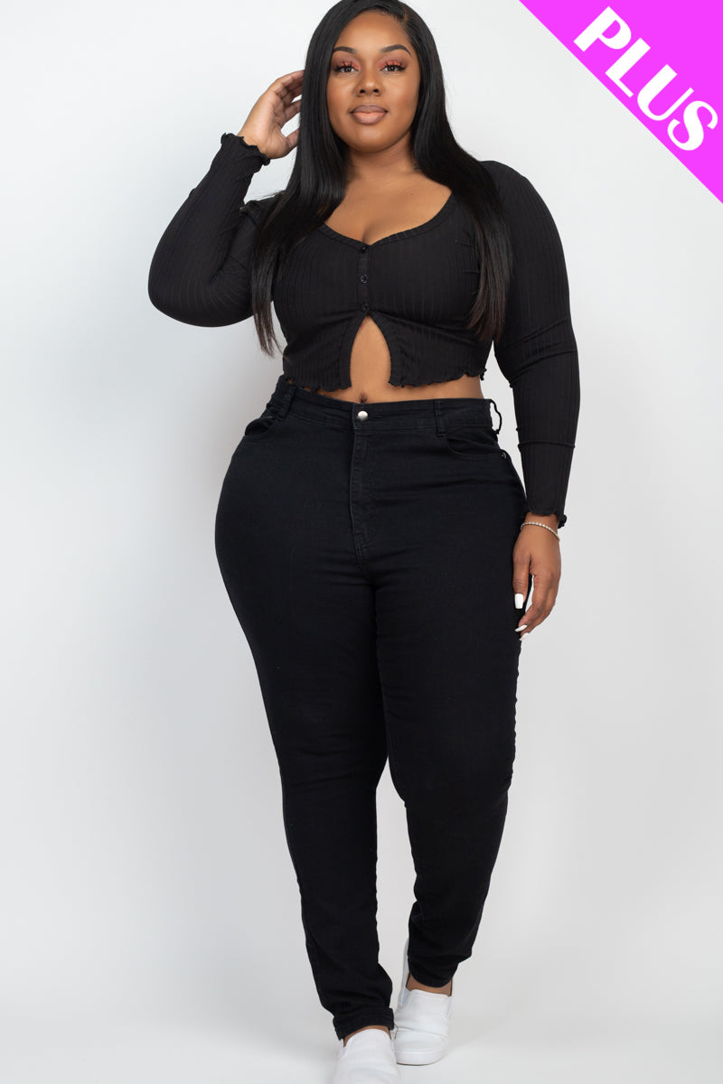 Plus Size Ribbed Button Front Split Long Sleeve Top - Capella Apparel