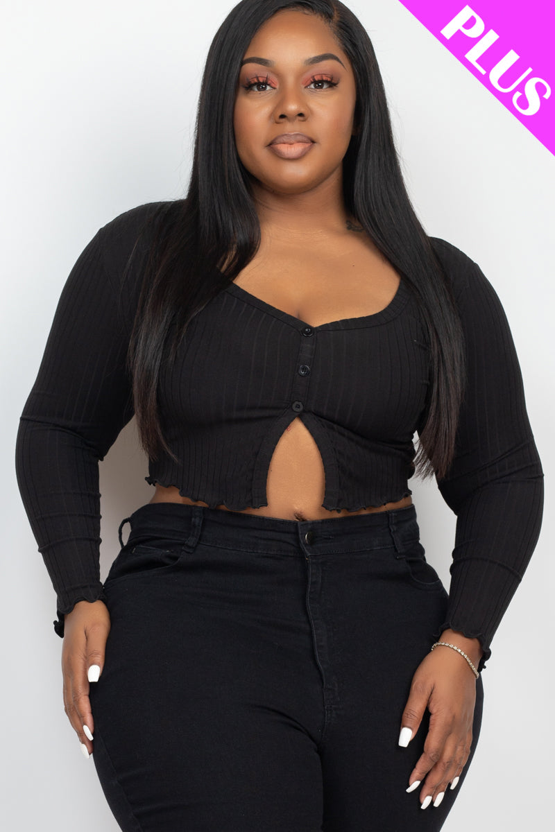 Plus Size Ribbed Button Front Split Long Sleeve Top - Capella Apparel