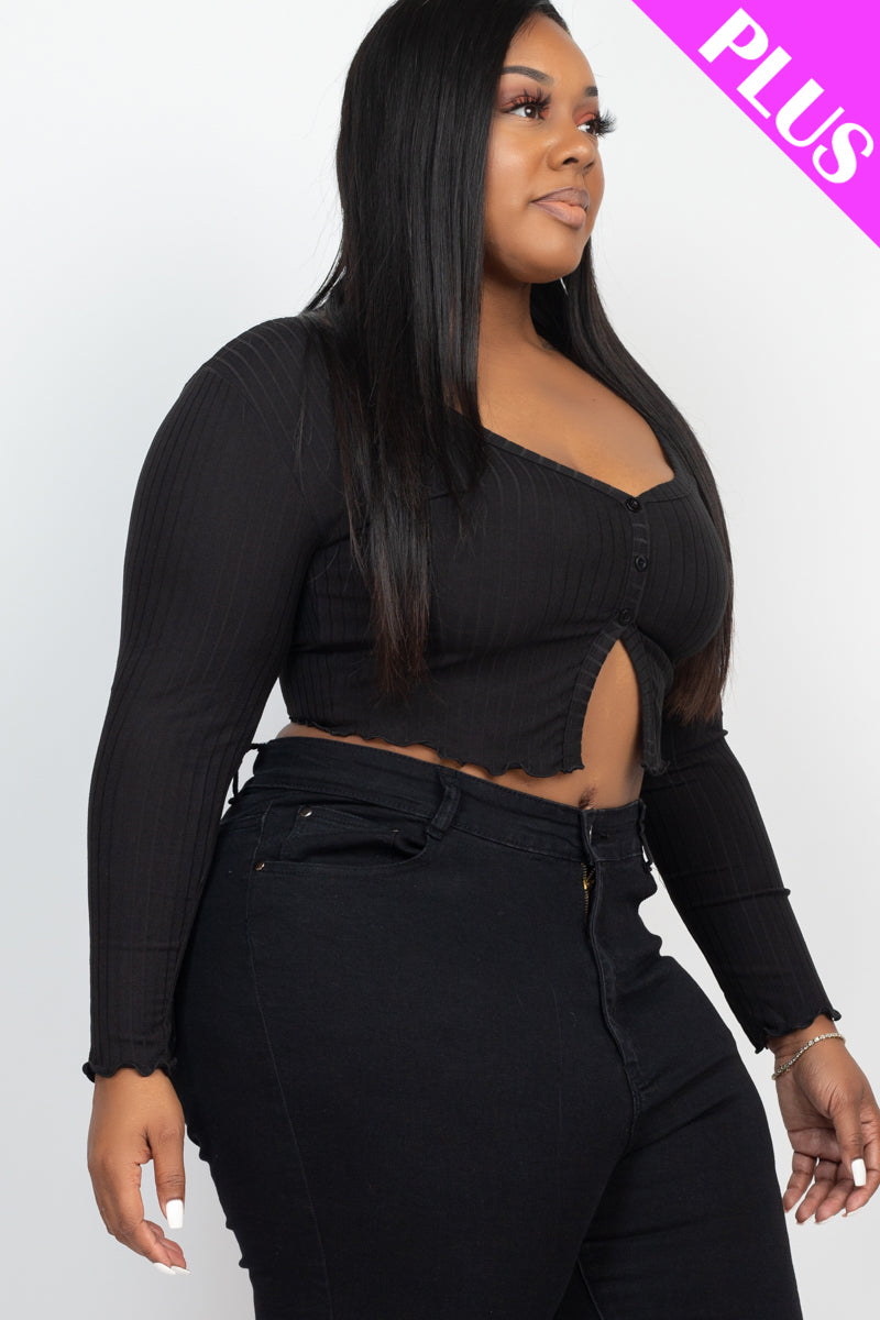 Plus Size Ribbed Button Front Split Long Sleeve Top - Capella Apparel