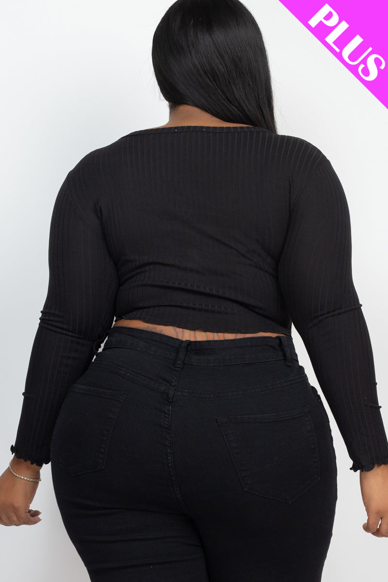 Plus Size Ribbed Button Front Split Long Sleeve Top - Capella Apparel