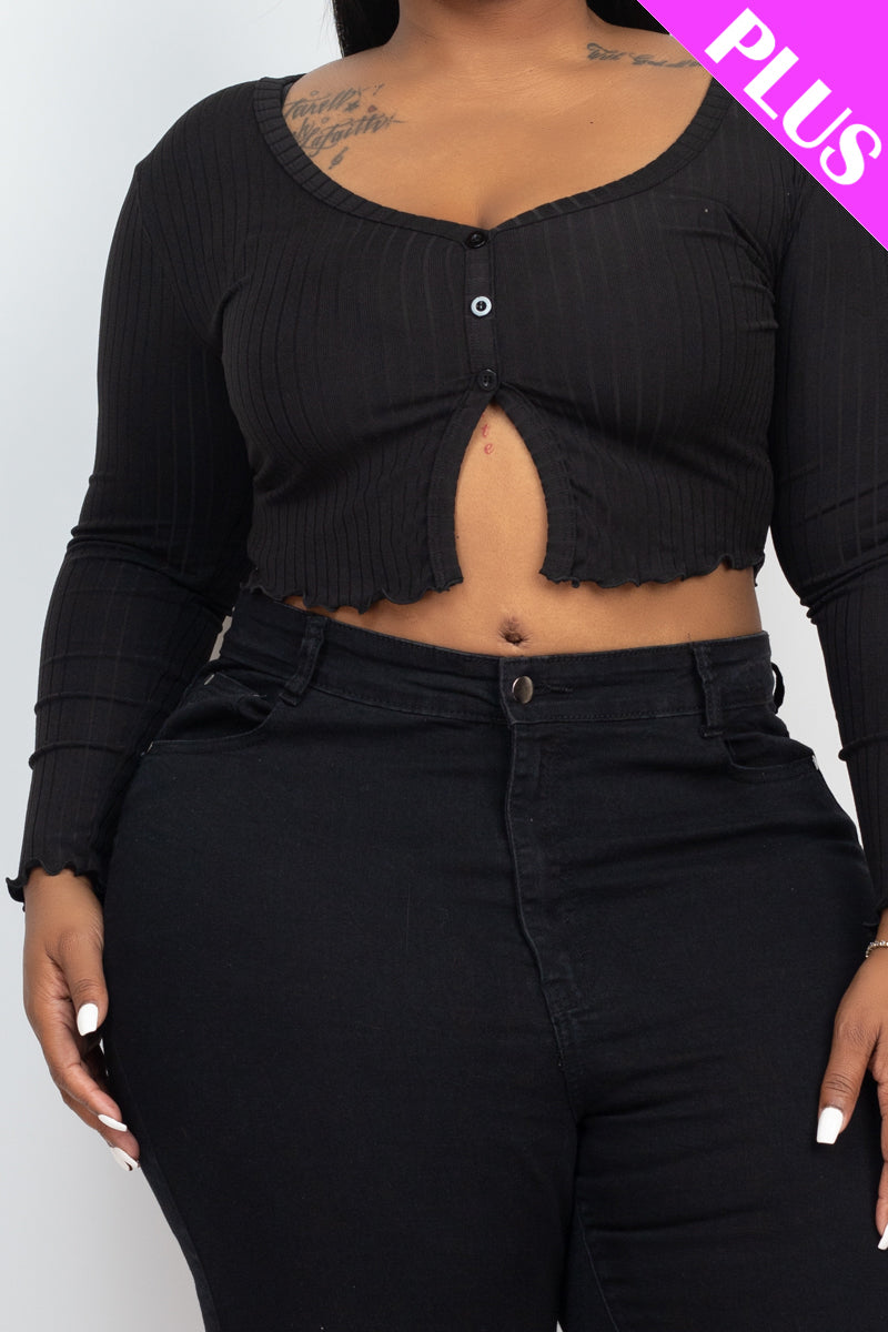 Plus Size Ribbed Button Front Split Long Sleeve Top - Capella Apparel