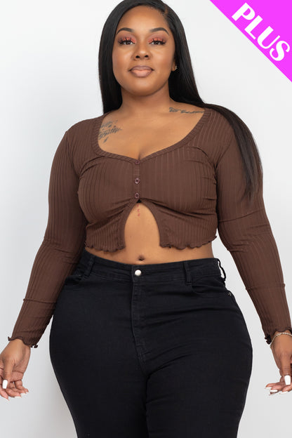 Plus Size Ribbed Button Front Split Long Sleeve Top - Capella Apparel