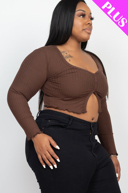 Plus Size Ribbed Button Front Split Long Sleeve Top - Capella Apparel