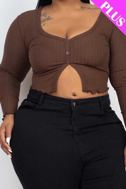 Plus Size Ribbed Button Front Split Long Sleeve Top - Capella Apparel