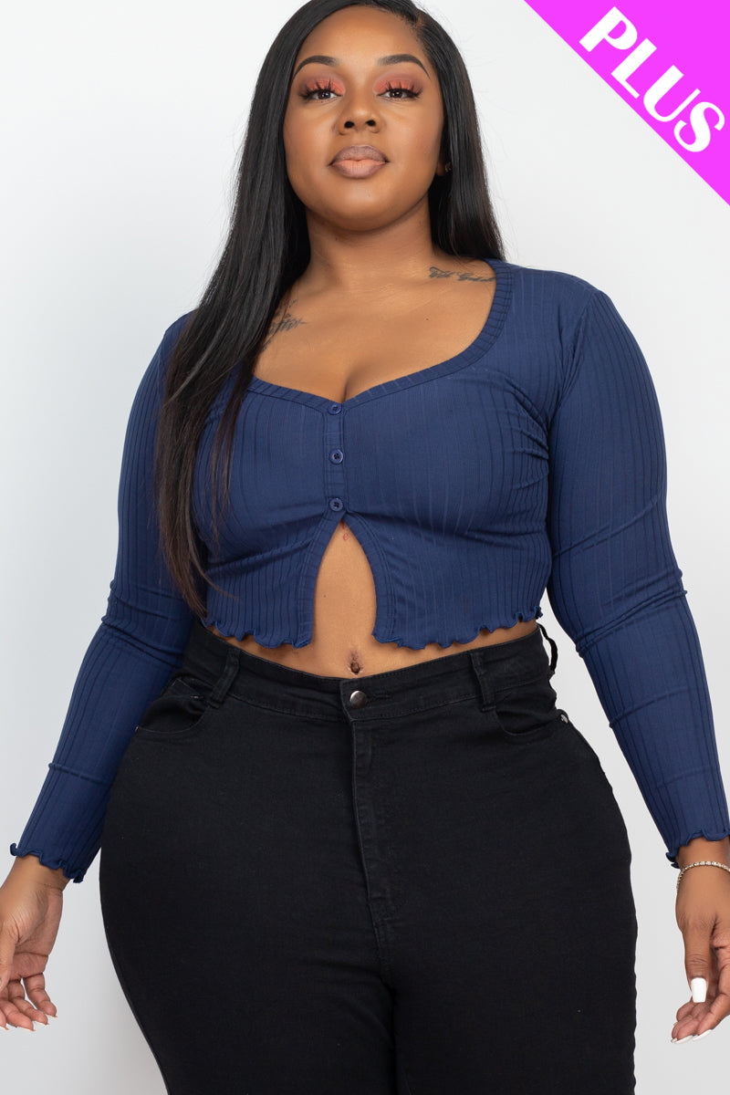 Plus Size Ribbed Button Front Split Long Sleeve Top - Capella Apparel