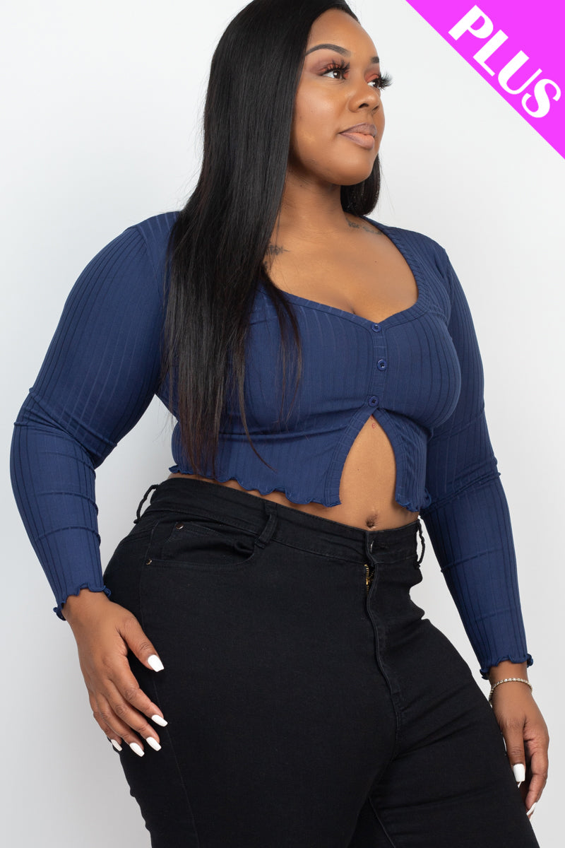 Plus Size Ribbed Button Front Split Long Sleeve Top - Capella Apparel