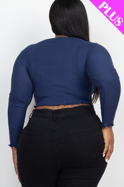 Plus Size Ribbed Button Front Split Long Sleeve Top - Capella Apparel