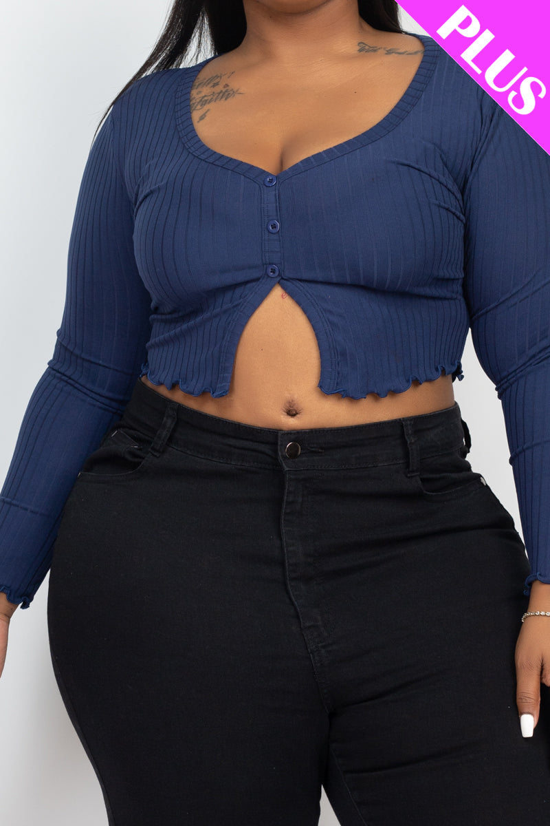 Plus Size Ribbed Button Front Split Long Sleeve Top - Capella Apparel