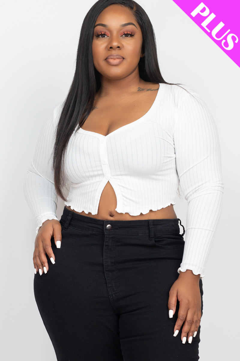 Plus Size Ribbed Button Front Split Long Sleeve Top - Capella Apparel