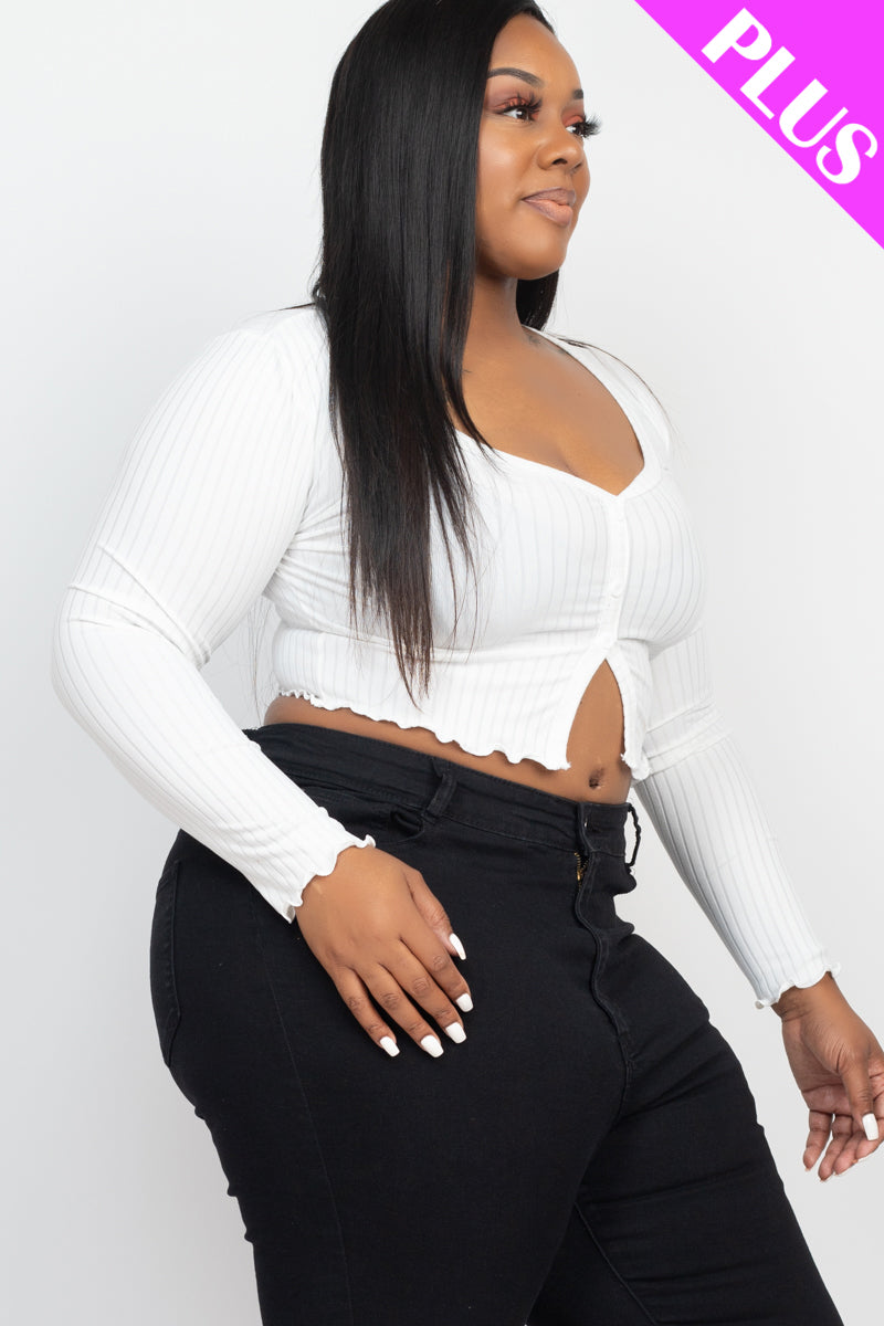 Plus Size Ribbed Button Front Split Long Sleeve Top - Capella Apparel