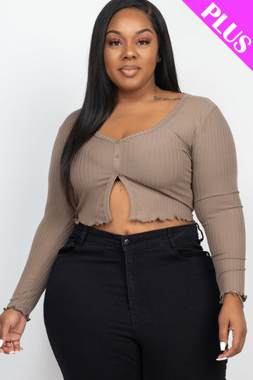 Plus Size Ribbed Button Front Split Long Sleeve Top (CAPELLA) - Capella Apparel
