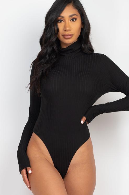 Ribbed Turtle Neck Long Sleeve Bodysuit - Capella Apparel