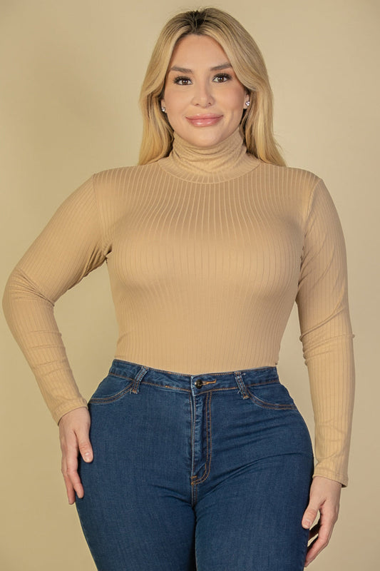 Plus Size Ribbed Turtle Neck Long Sleeve Bodysuit (CAPELLA) - Capella Apparel