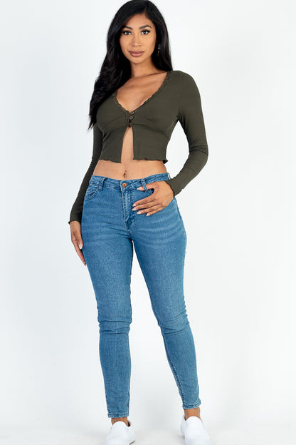 Lettuce Edge Lace Trim Long Sleeve Rib Knit Crop Top - Capella Apparel