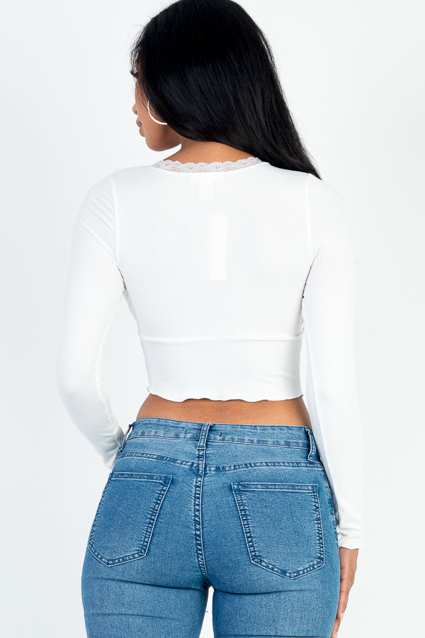 Lettuce Edge Lace Trim Long Sleeve Rib Knit Crop Top - Capella Apparel