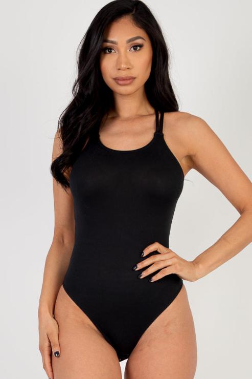 Sexy Spaghetti Strap Crisscross Back Solid Color Bodysuit - Capella Apparel