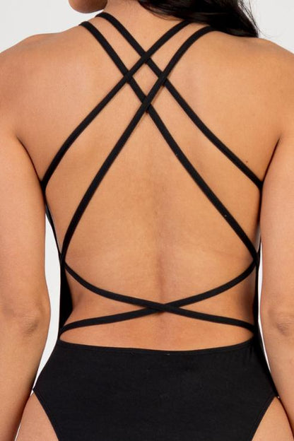 Sexy Spaghetti Strap Crisscross Back Solid Color Bodysuit - Capella Apparel