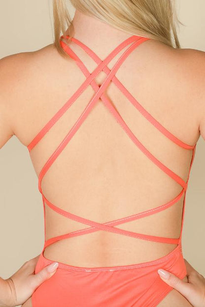 Sexy Spaghetti Strap Crisscross Back Solid Color Bodysuit - Capella Apparel