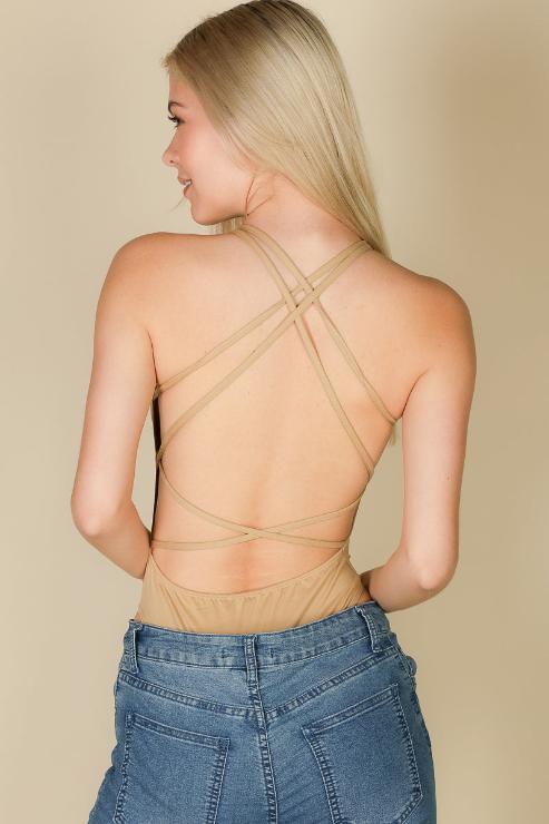 Sexy Spaghetti Strap Crisscross Back Solid Color Bodysuit - Capella Apparel