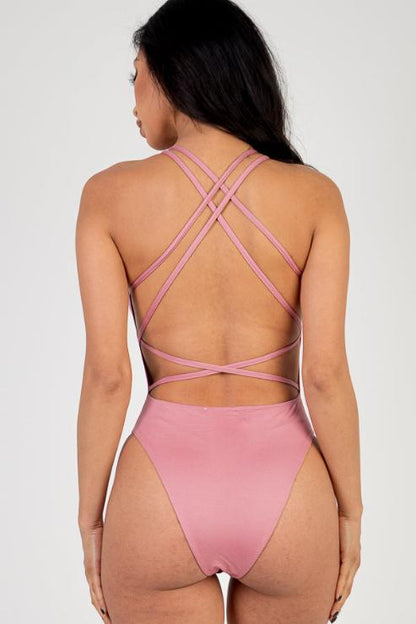 Sexy Spaghetti Strap Crisscross Back Solid Color Bodysuit - Capella Apparel