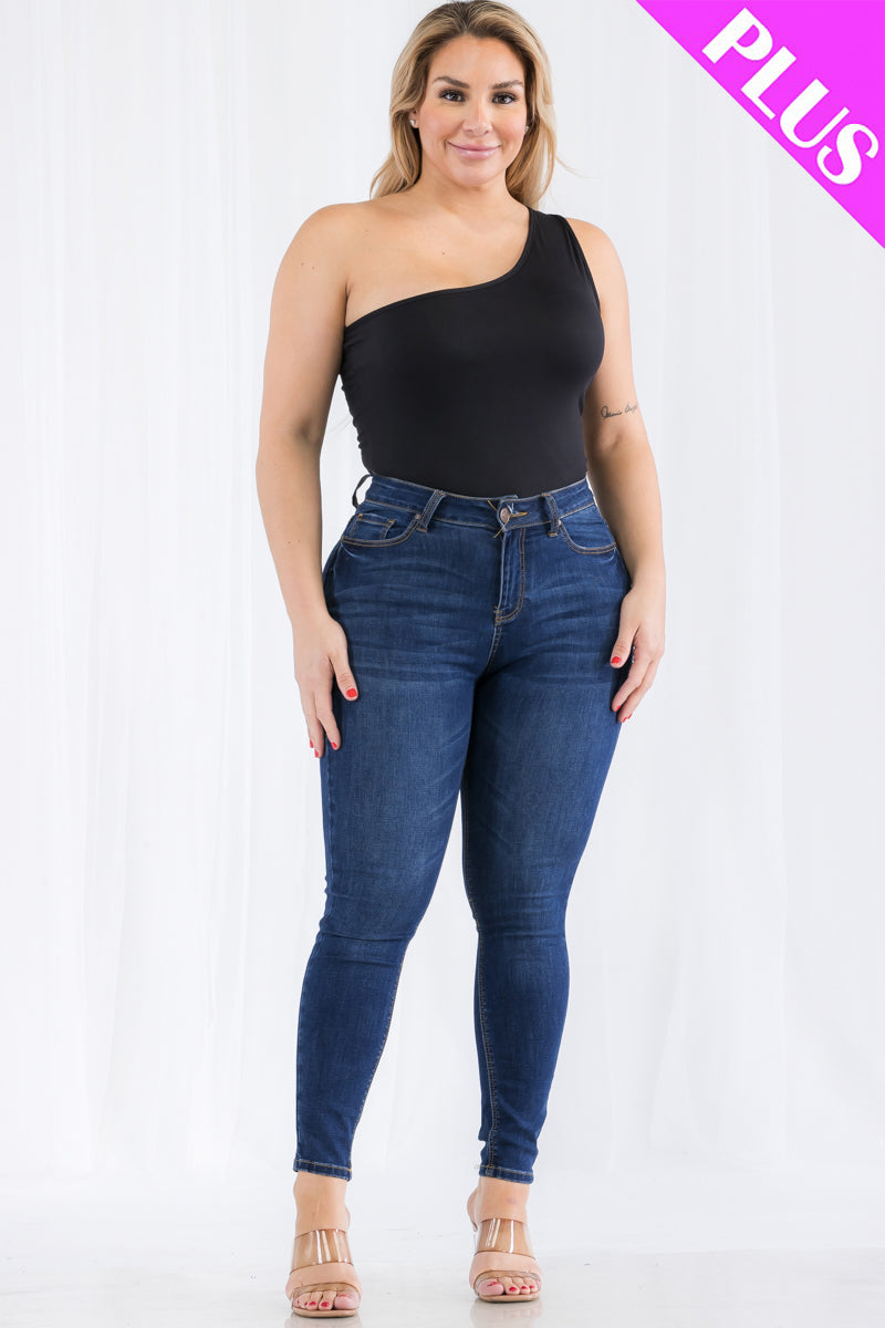 Plus Size One Shoulder Solid Casual Bodysuit - Capella Apparel