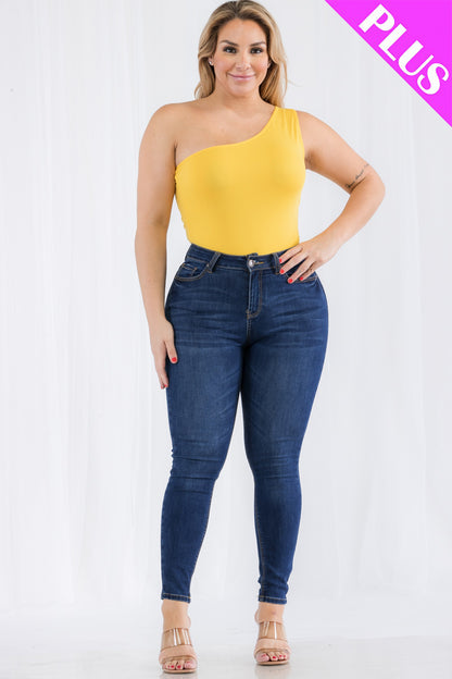 Plus Size One Shoulder Solid Casual Bodysuit - Capella Apparel