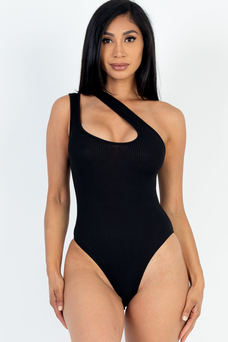 One Shoulder Cut Out Rib Knit Bodysuit (CAPELLA) - Capella Apparel