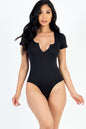 Casual Split Neck Solid Short Sleeve Bodysuit - Capella Apparel