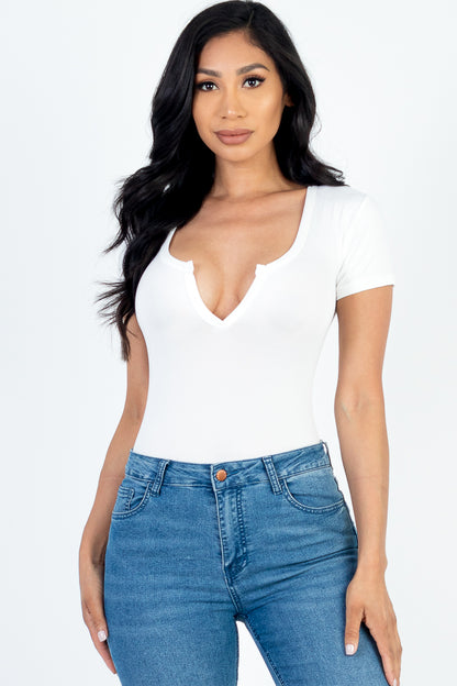 Casual Split Neck Solid Short Sleeve Bodysuit - Capella Apparel