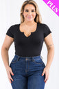 Plus Size Casual Split Neck Solid Short Sleeve Bodysuit - Capella Apparel