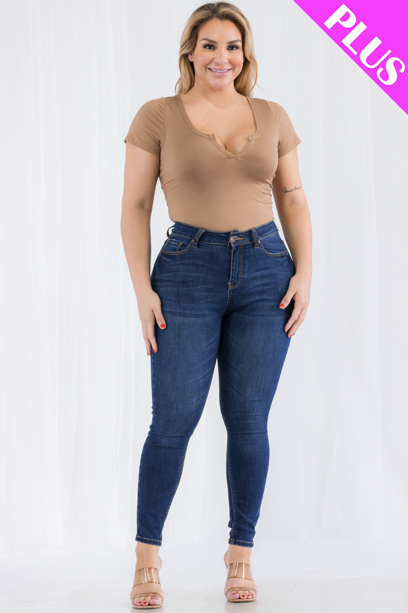 Plus Size Casual Split Neck Solid Short Sleeve Bodysuit - Capella Apparel