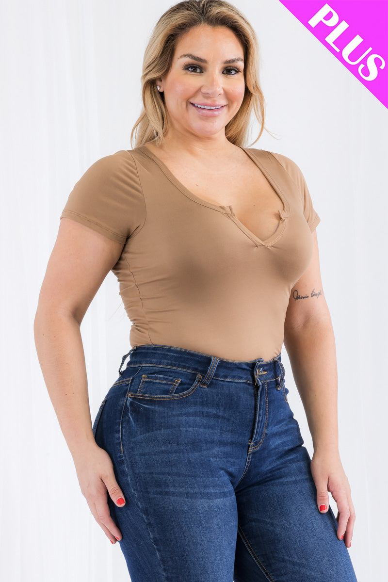 Plus Size Casual Split Neck Solid Short Sleeve Bodysuit - Capella Apparel